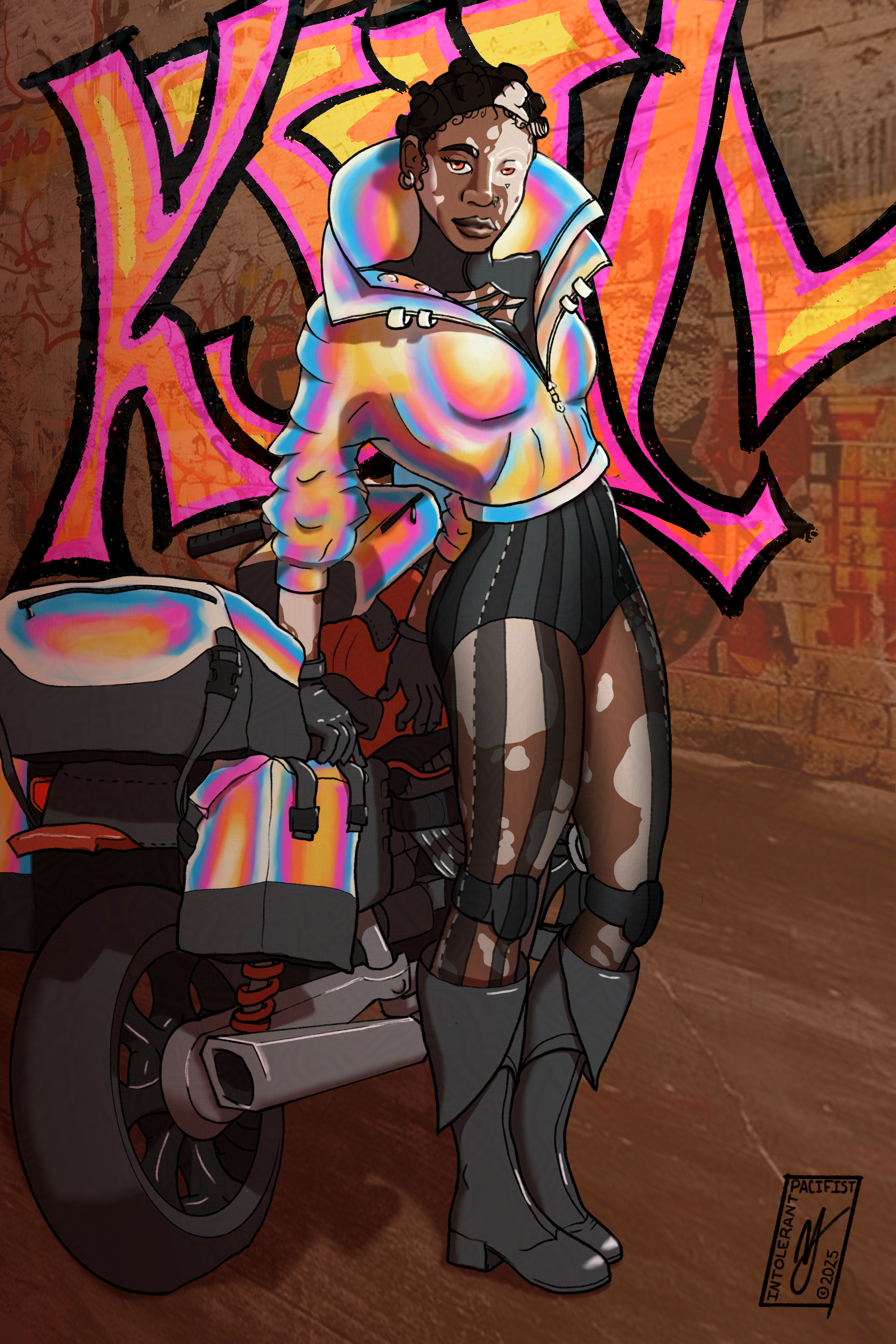 KJETLL's Firecracker OC standing in front of their motorcycle in an alleyway with graffiti on the wall. 
